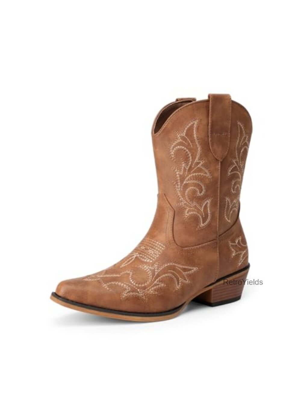 Faux Leather Western Ankle Boots with Feather Embroidery